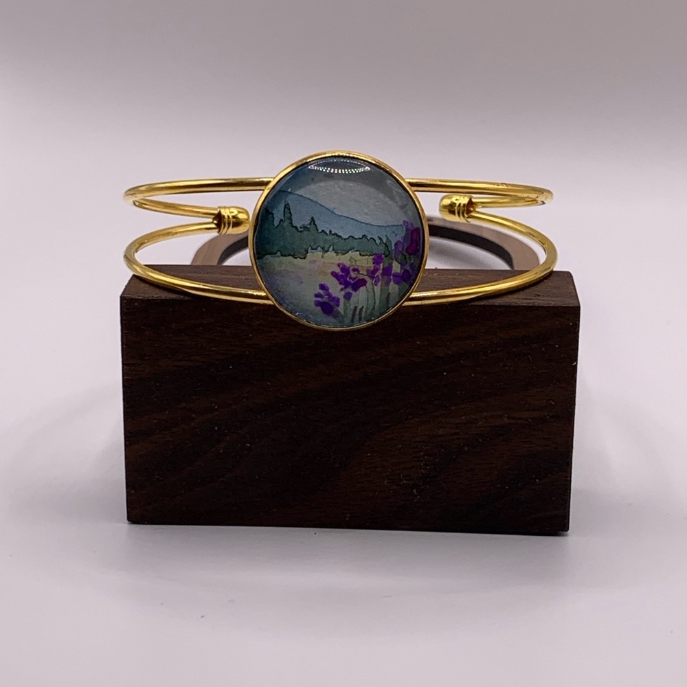 Gold Tone Double Band Bracelet with Scenic Original Watercolor Design